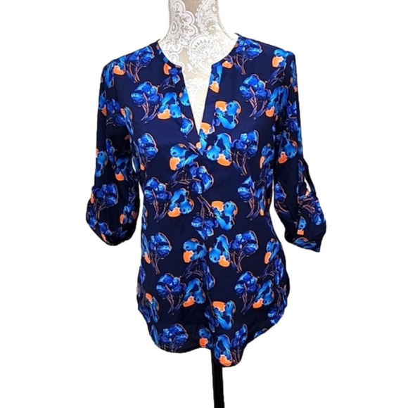 41 Hawthorn Top With Blue/Orange Floral V-Neck Tunic, Size S - Picture 1 of 6